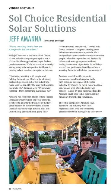Real Producers feature article headline, story, and family photo for Jeff Amanna and Sol Choice