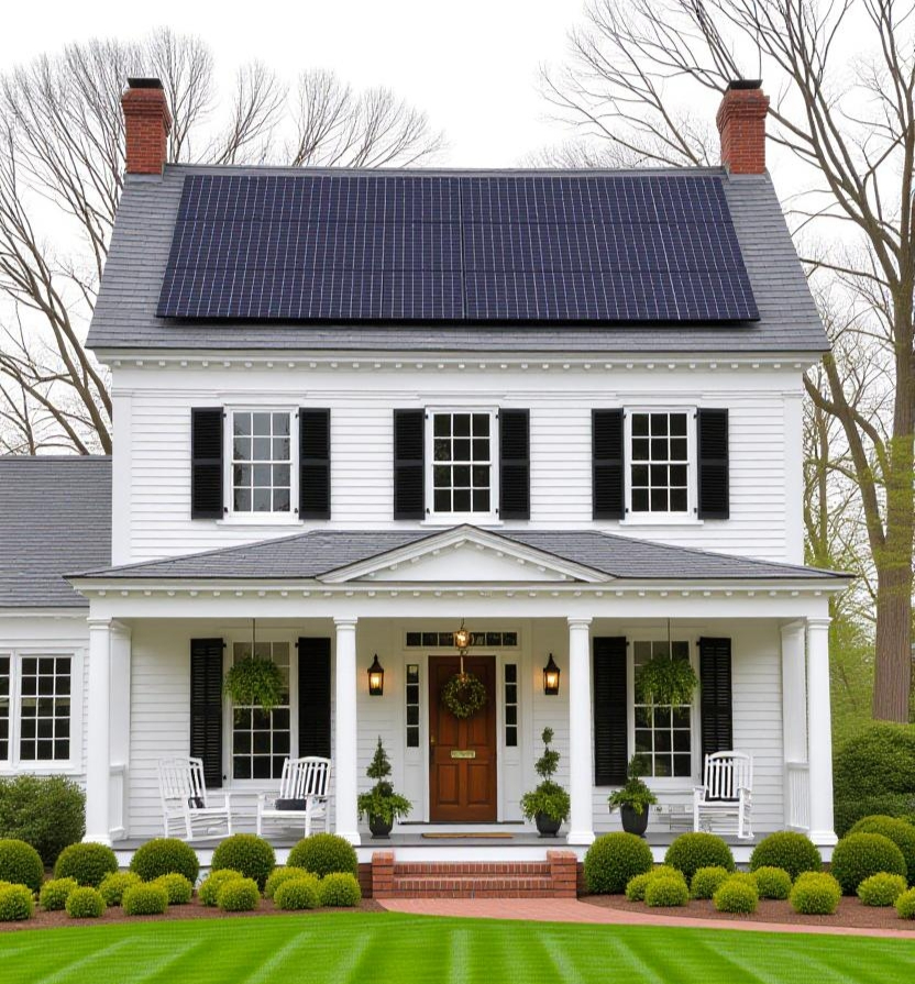 White home with rooftop solar panels