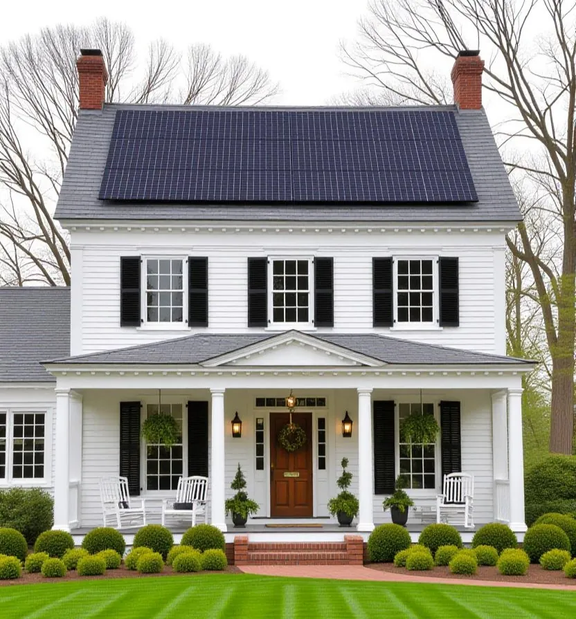 White home with rooftop solar panels